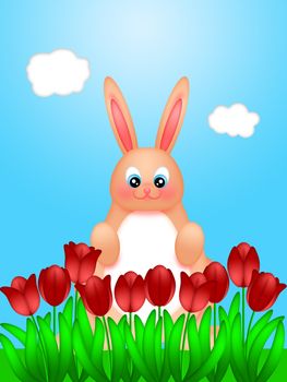 Happy Easter Bunny Rabbit on Field of Tulips Flowers in Spring Season With Blue Sky Illustration