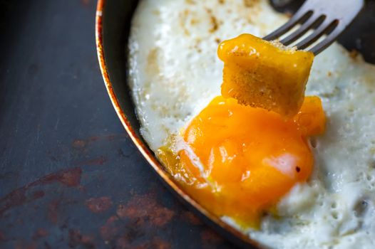 Frying pan full of scramble eggs from two eggs with a small pieces of toasted bread. Stands on grunge metal background.