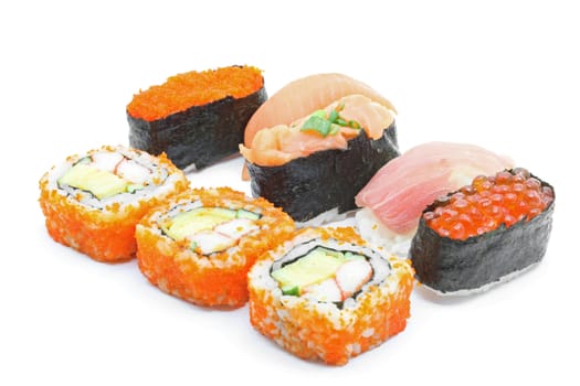 mix japanese sushi set on white background
