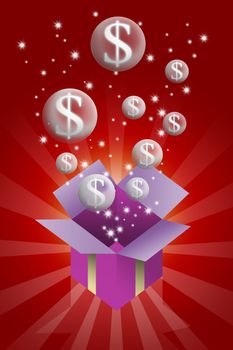 Bubble money in gift box illustration
