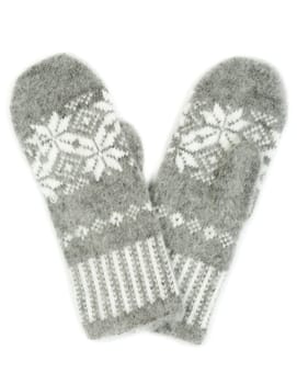 Grey knitted gloves with a pattern of snowflakes isolated on white background