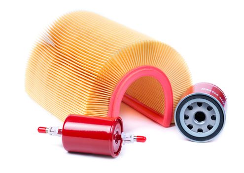 Filter kit car, fuel, oil, air. Isolate on white.