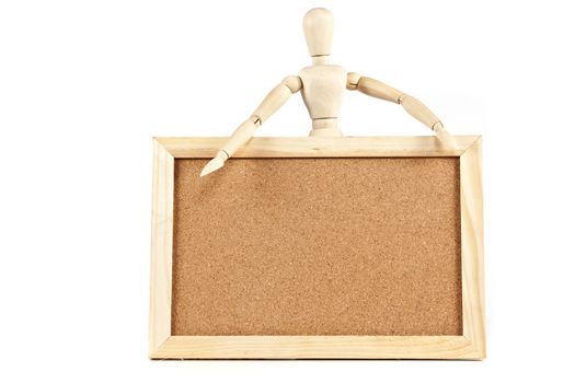 Mannequin and blank corkboard message on white background