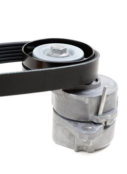 Generator belt tensioner pulley with Poly-V belt. Isolate on white.