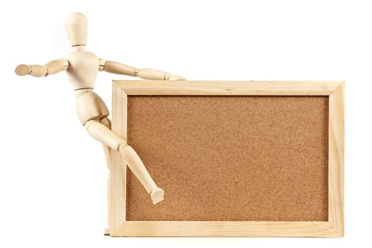 Mannequin and blank cork board message on white background