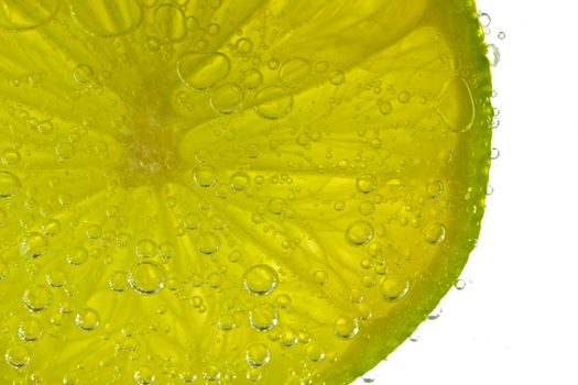 A fresh lime slice floats in carbonated water, backlit on white