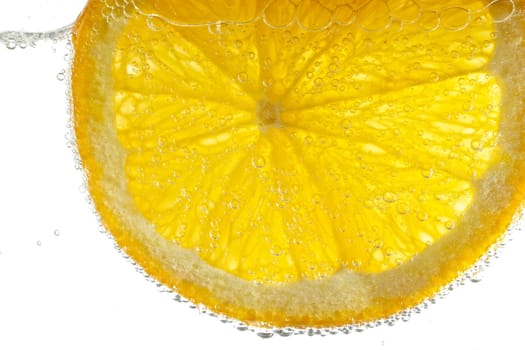 A fresh naval orange slice floats in carbonated water, backlit on white