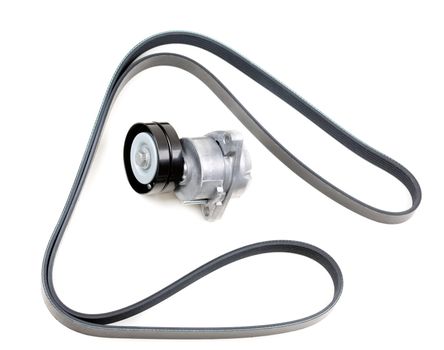 Set, the serpentine belt and tensioner pulley. Isolate on white.