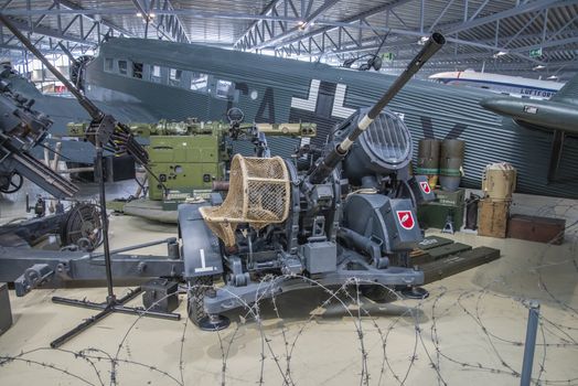 while firing at aerial firing data from a central sighting device were transmitted via cable (this device is placed next to the gun), the gun was also employed by german field artillery, coastal artillery and anti tank weapons, the pictures are shot in march 2013 by norwegian armed forces aircraft collection which is a military aviation museum located at gardermoen, north of oslo, norway.