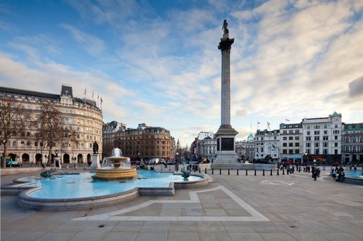 Trafalgar Square is a public space and tourist attraction in central London. Landscape shot with tilt-shift lens maintaining verticals