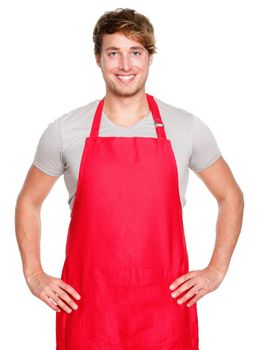 Small business shop owner. Apron man smiling proud and happy isolated on white background. Young entrepreneur or shop assistant. Young Caucasian male model.