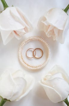 Wedding rings and white roses can use as wedding background 