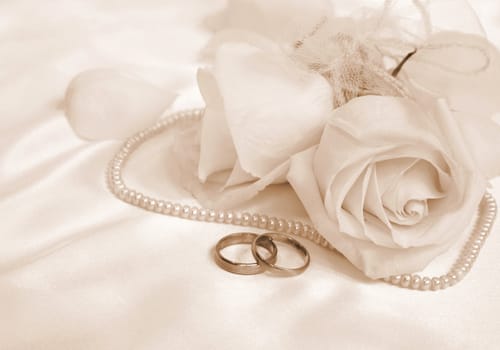 Wedding rings and roses as background