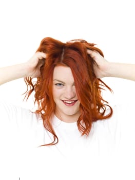 Woman with red hair isolated on white background