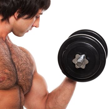 Closeup image of young man with dumbbell on a white background