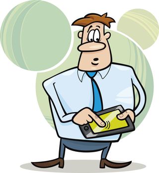 cartoon humorous illustration of businessman with tablet