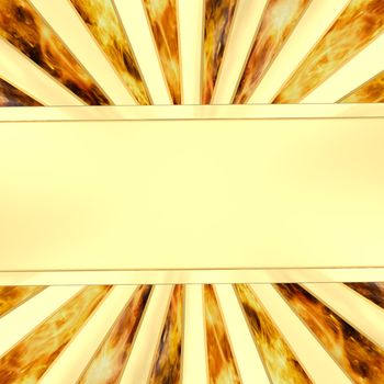 Blank golden plate on rays background with flame. High resolution 3D image