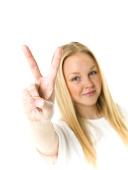 Young woman doing v-sign isolated on white background