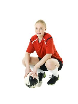 Blond soccer woman isolated on white background