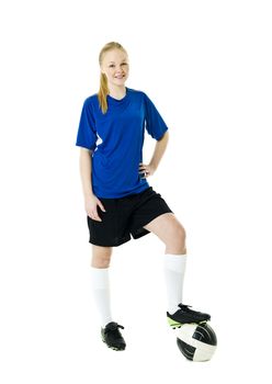 Blond soccer woman isolated on white background