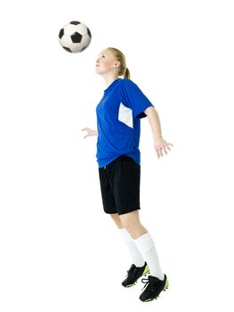 Blond soccer woman isolated on white background