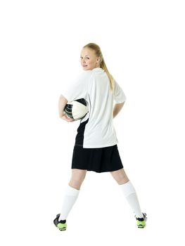 Blond soccer woman isolated on white background