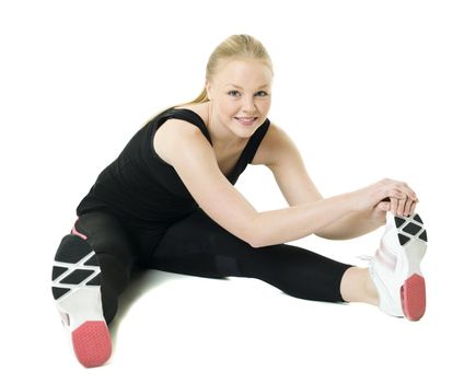 Young woman doing aerobics isolated on white background