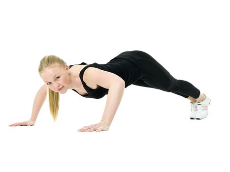 Young woman doing aerobics isolated on white background