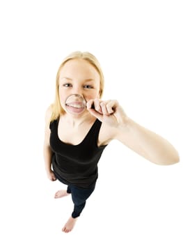 Girl with a Magnifying Glass in front of her mouth