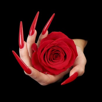 Human fingers with long fingernail and beautiful manicure isolated on black