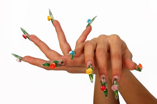 Human fingers with long fingernail and beautiful manicure isolated on white