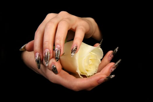 Human fingers with long fingernail and beautiful manicure isolated on black