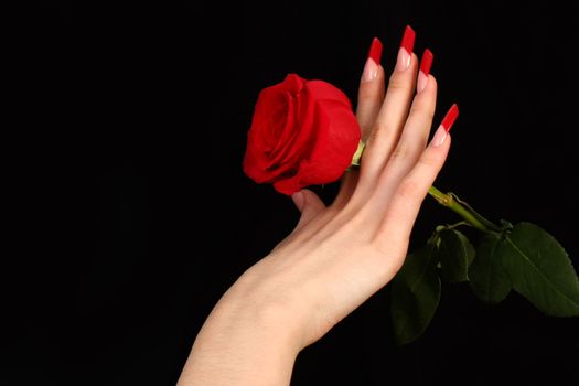 Human fingers with long fingernail and beautiful manicure isolated on black