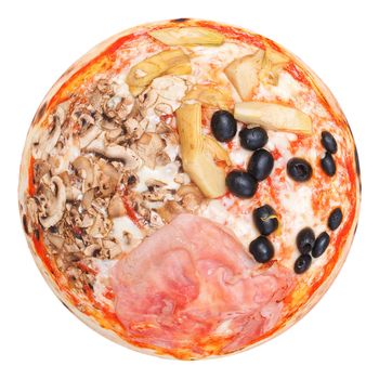 Italian Four Seasons Pizza (Pizza Quattro Stagioni) - isolated over a white background