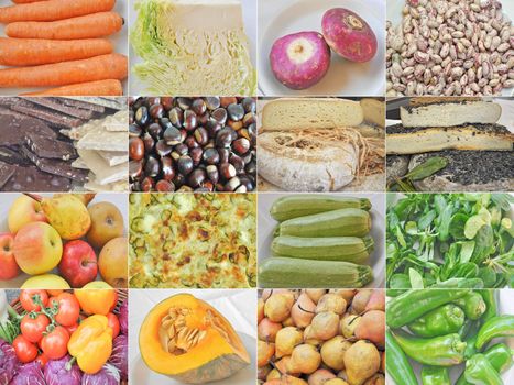 Food collage set with beans, vegetables, fruit and cheese
