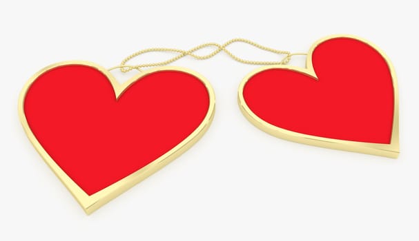 Red-gold hearts connected with decorative chain. 3d render.