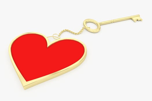 Red-gold pendant in the shape of heart with a golden key. 3d render.