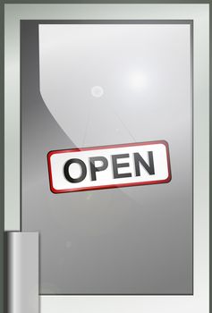 Illustration depicting a shop door with 'open' sign displayed.