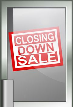 Illustration depicting a shop door with 'closing down sale' banner.