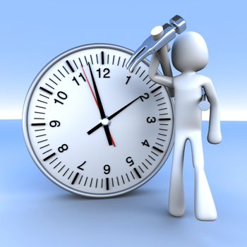 A cartoon figure with a clock. 3D rendered Illustration. 