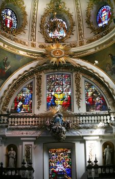 Metropolitan Cathedral, Templo de Santa Maria de Gracias, Guadalajara, Mexico, inside, dome with stained glass windows.  This Cathedral was built in the 16th and 17th Century in Guadalajara.