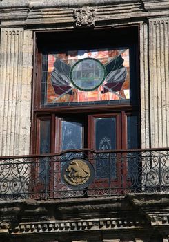 Government Palace Window and Balcony with flag and eagle decorations, Guadalajara, Mexico