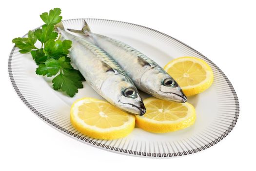 dish with mackerel with lemon and pasley isolated on white background with clipping path