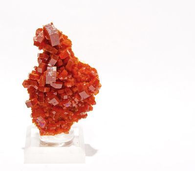 Specimen of red vanadinite crystals on white background