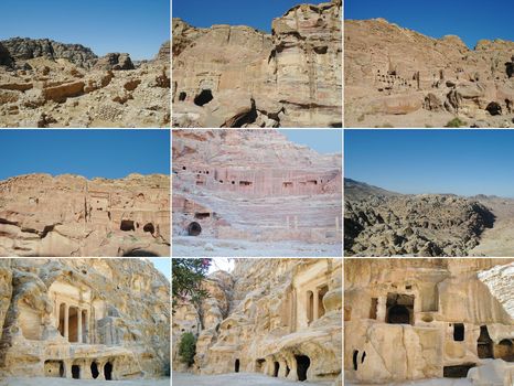 Set of pictoresque views of the ruins of Beidha in Jordan