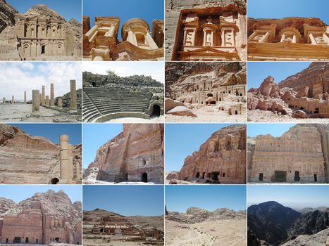 Set of pictoresque views of the ruins of Petra in Jordan