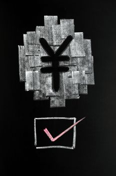 Symbol of Chinese Yuan drawn with chalk on blackboard,with a check box