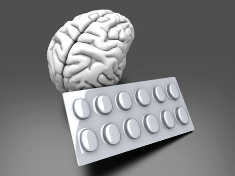 Some pills for the Brain. Symbolic for Drugs, Psychopharmaceuticals, Nootropics and other Medications. 3d rendered Illustration.