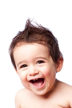 Cute happy smiling laughing toddler boy with mohawk gel hairstyle and open mouth, childhood concept, isolated.