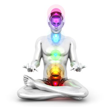 A man performing a full chakra meditation. 3D rendered illustration.